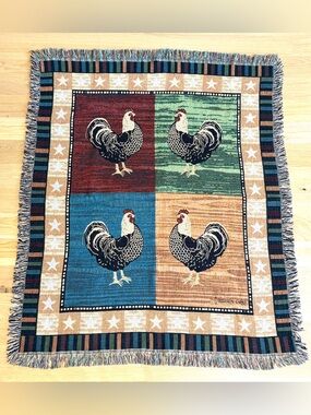 Warren Kimble Hen Rooster Chicken Farmhouse Country Folk Art Tapestry Throw